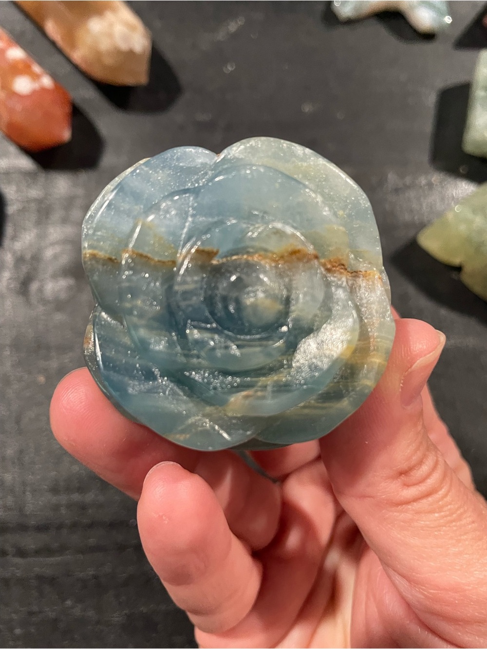 Hand-Carved Blue onyx Flower Stone Carving